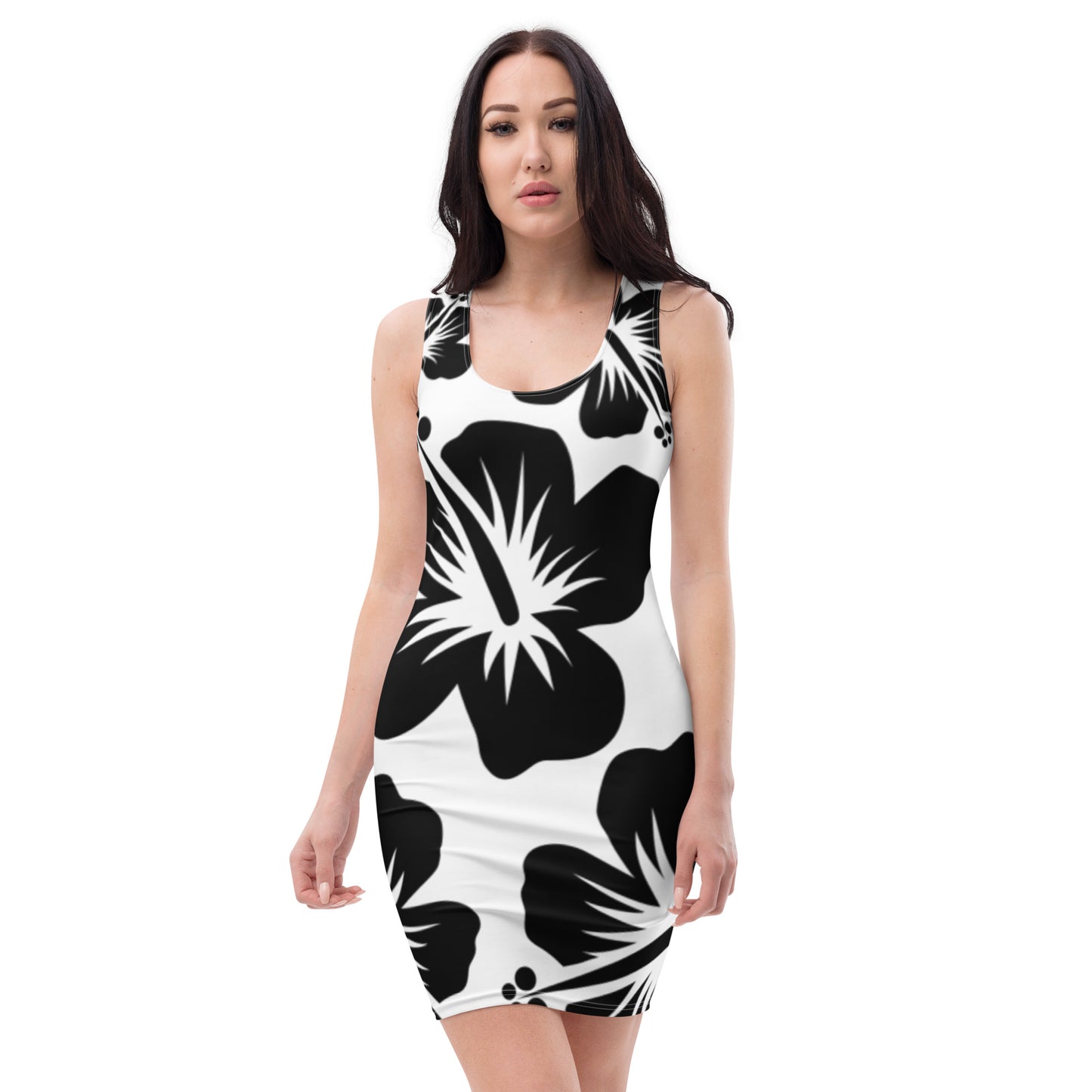 VALIANT WORLD Full Graphic Floral Bodycon Dress (White/Black)