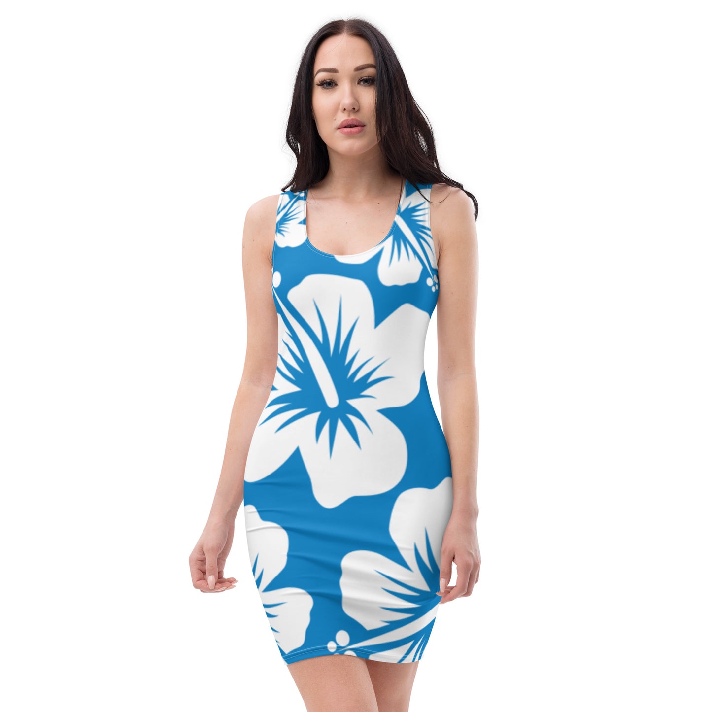 VALIANT WORLD Full Graphic Floral Bodycon Dress (Bright Blue/White)