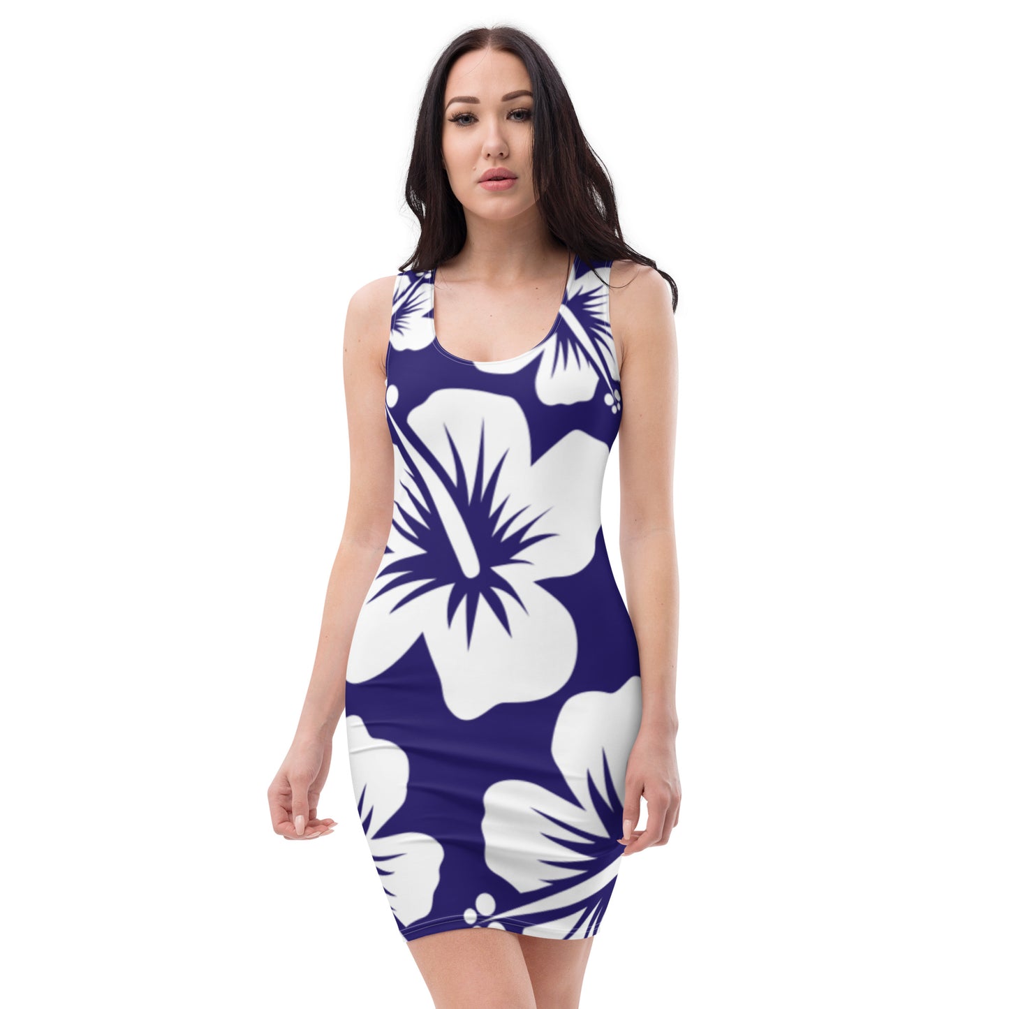 VALIANT WORLD Full Graphic Floral Bodycon Dress (Dark Blue/White)