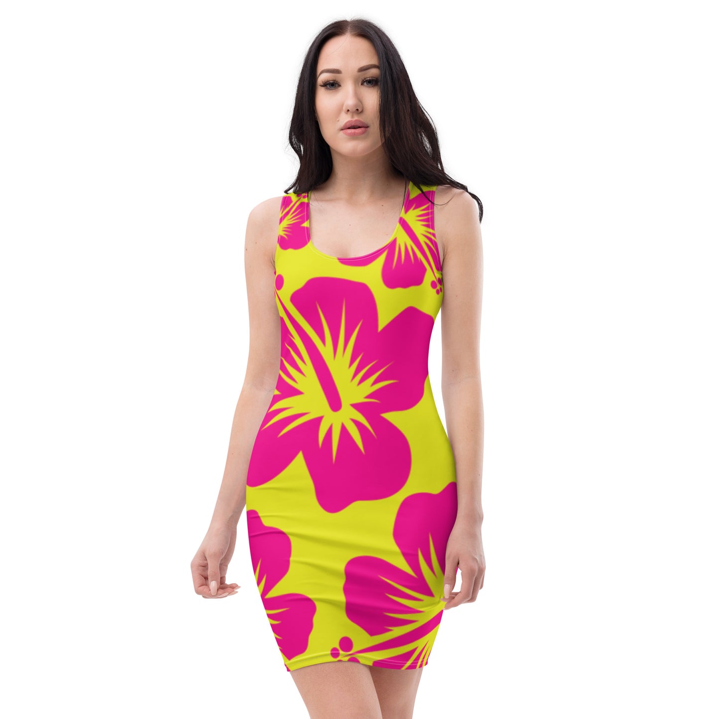 VALIANT WORLD Full Graphic Floral Bodycon Dress Chartreuse/Magnificent Magenta)