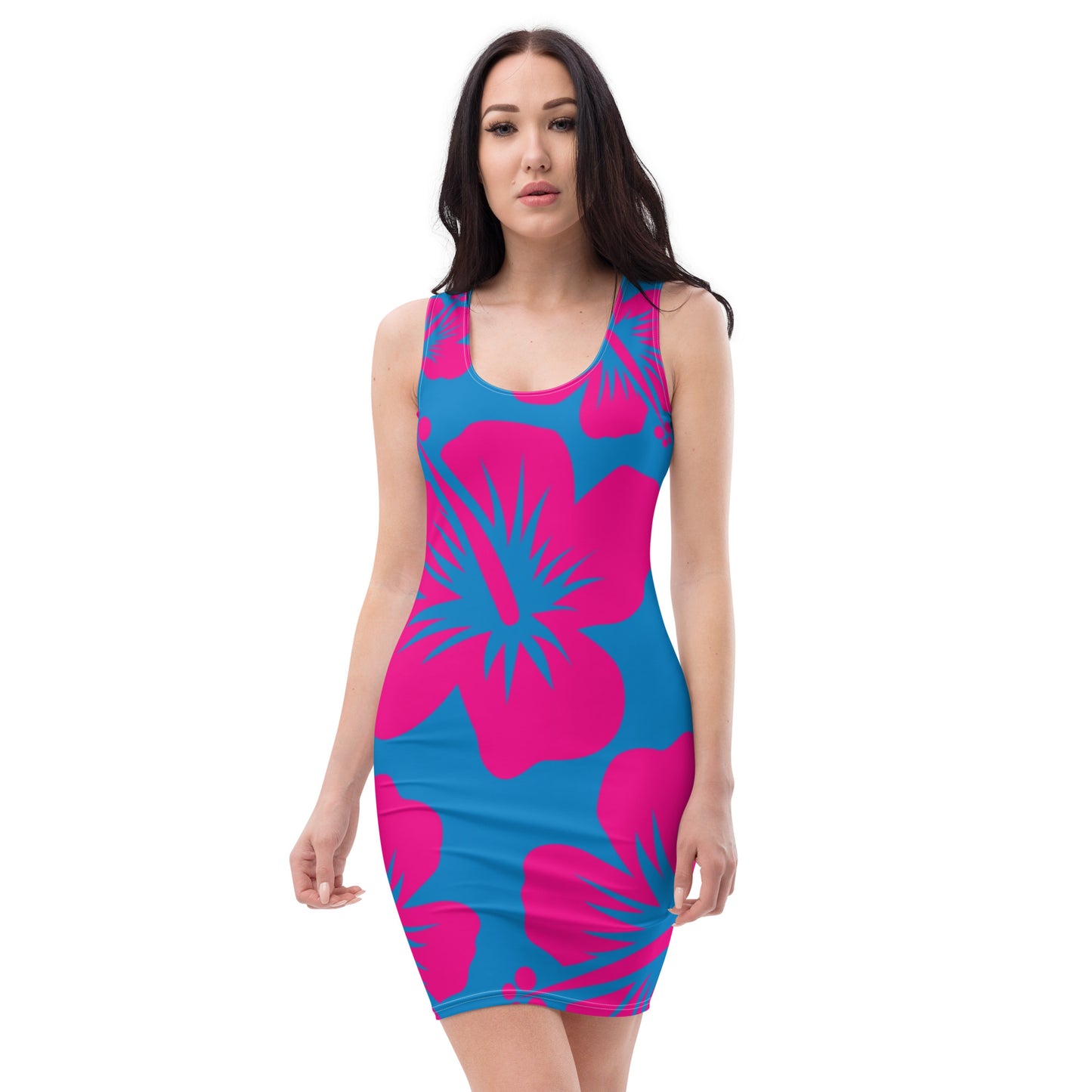 VALIANT WORLD Full Graphic Floral Bodycon Dress (Bright Blue/Magnificent Magenta)