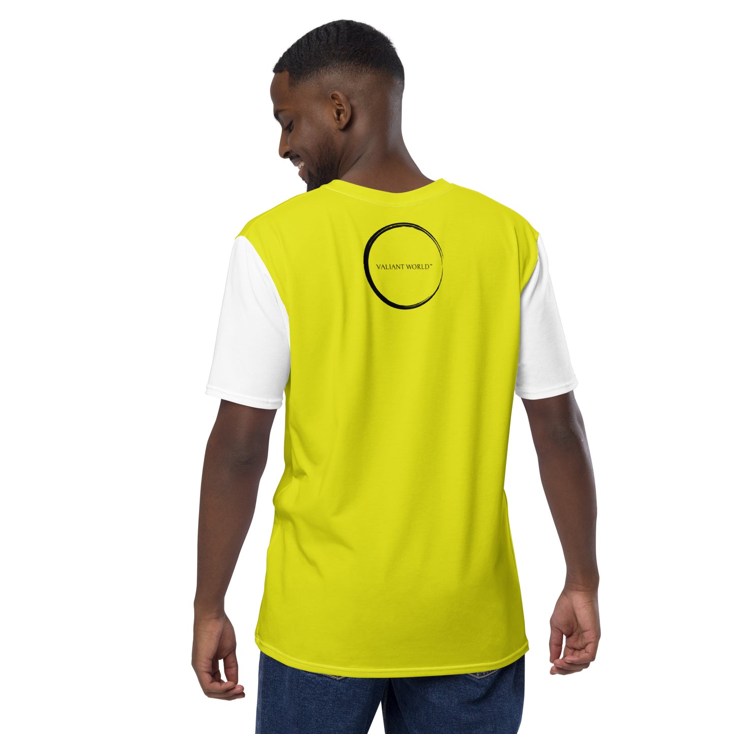 VALIANT WORLD Men's Full Graphic Crew Neck Tee (Chartreuse/White sleeves)