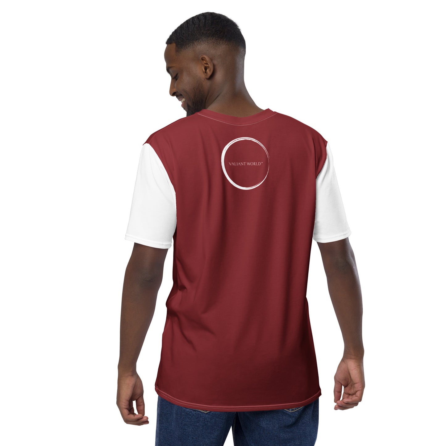 VALIANT WORLD Men's Full Graphic Crew Neck Tee (Claret/White Sleeves)