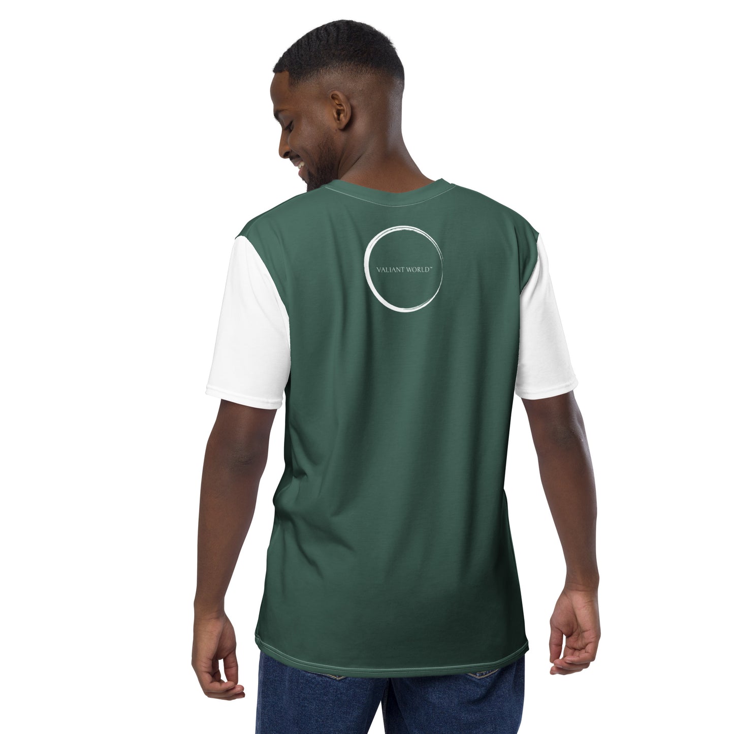 VALIANT WORLD Men's Full Graphic Crew Neck Tee (Hunter Green/White Sleeves)