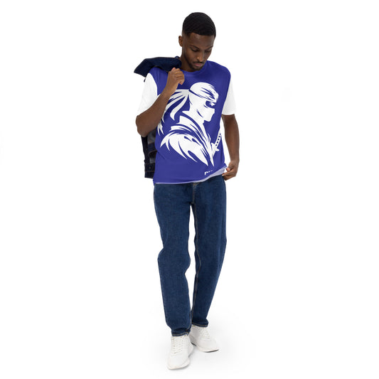 VALIANT WORLD Men's Full Graphic Crew Neck Tee (Blue/White Sleeves)