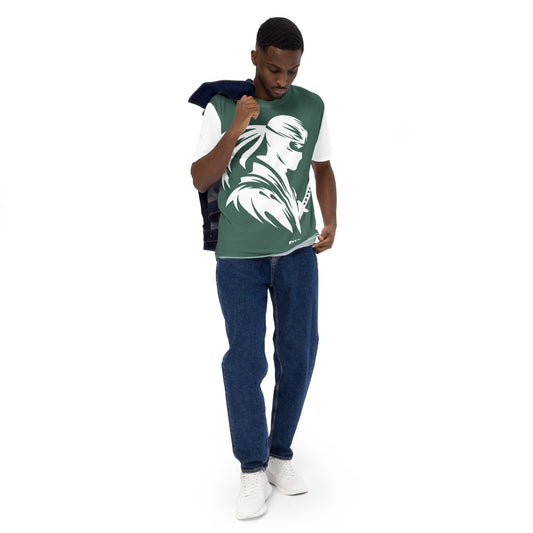 VALIANT WORLD Men's Full Graphic Crew Neck Tee (Hunter Green/White Sleeves)