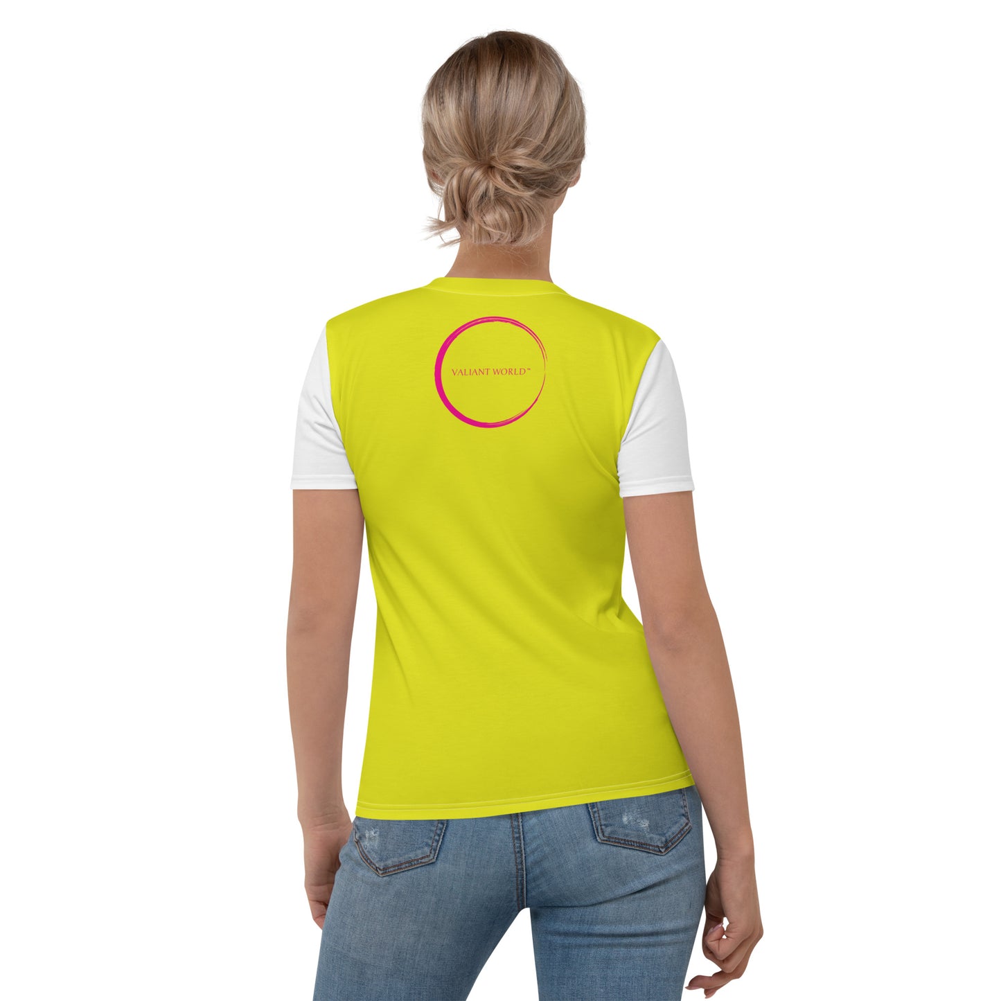 VALIANT WORLD Women's Full Graphic Crew Neck Tee (Chartreuse/White sleeves)