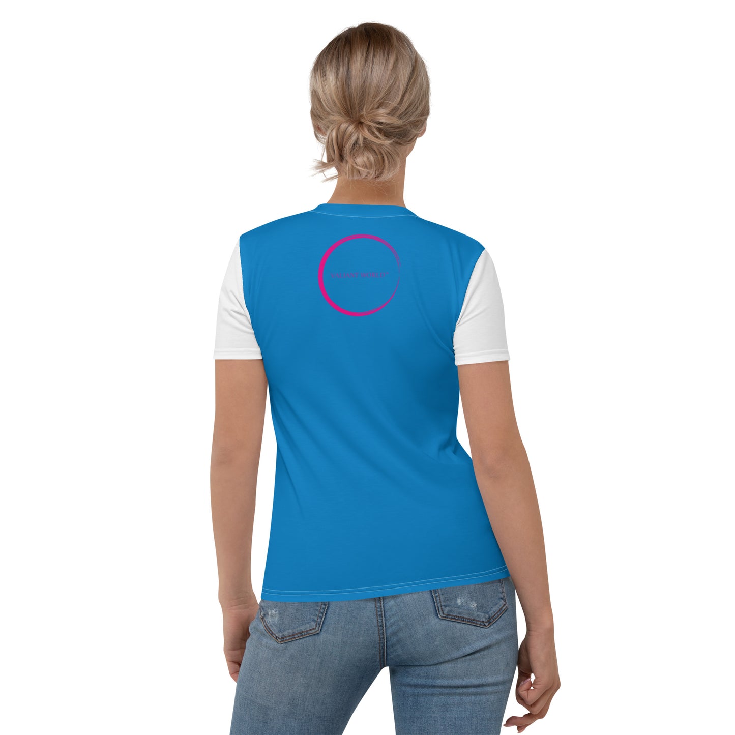 VALIANT WORLD Women's Full Graphic Crew Neck Tee (Bright Blue/White Sleeves)