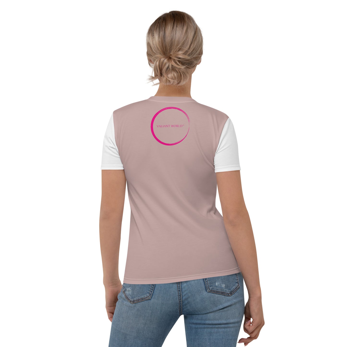 VALIANT WORLD Women's Full Graphic Crew Neck Tee (Dusty Rose/White Sleeves)