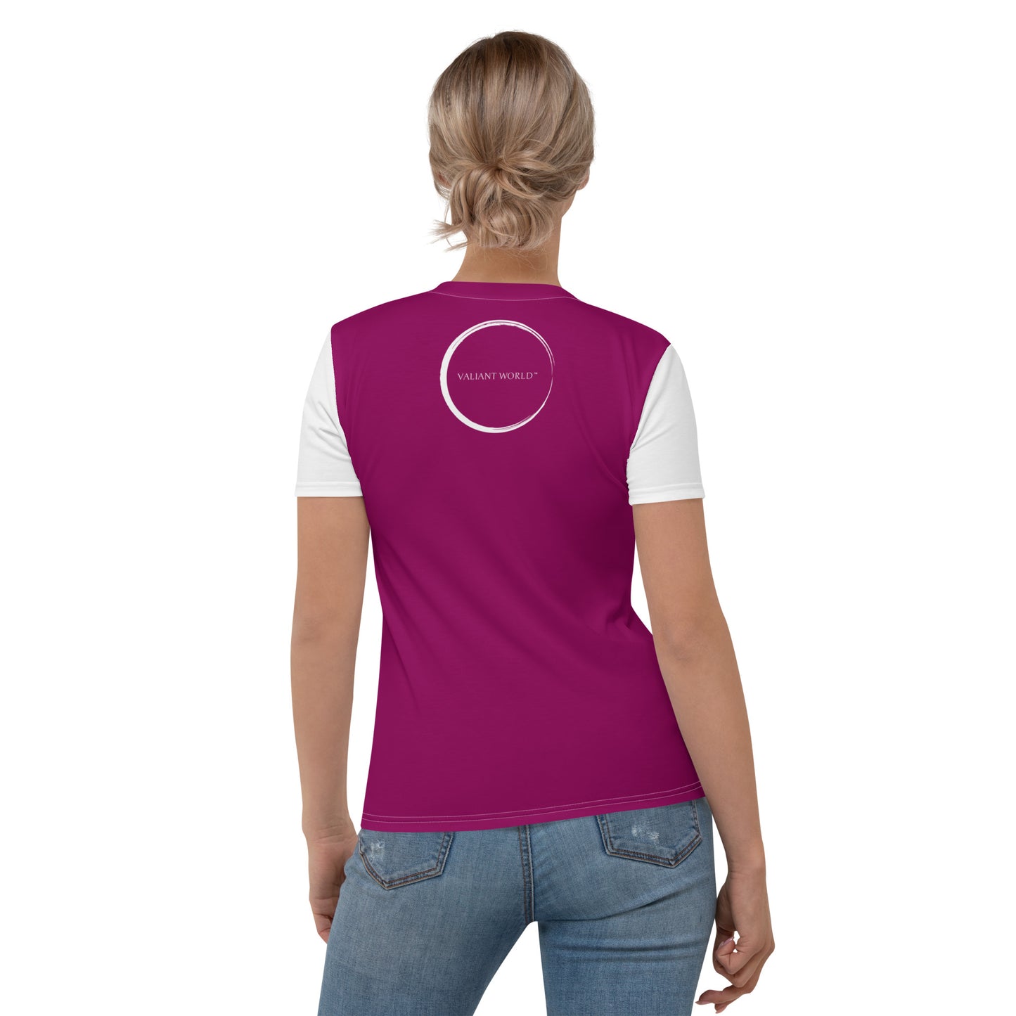 VALIANT WORLD Women's Full Graphic Crew Neck Tee (Purple/White Sleeves)