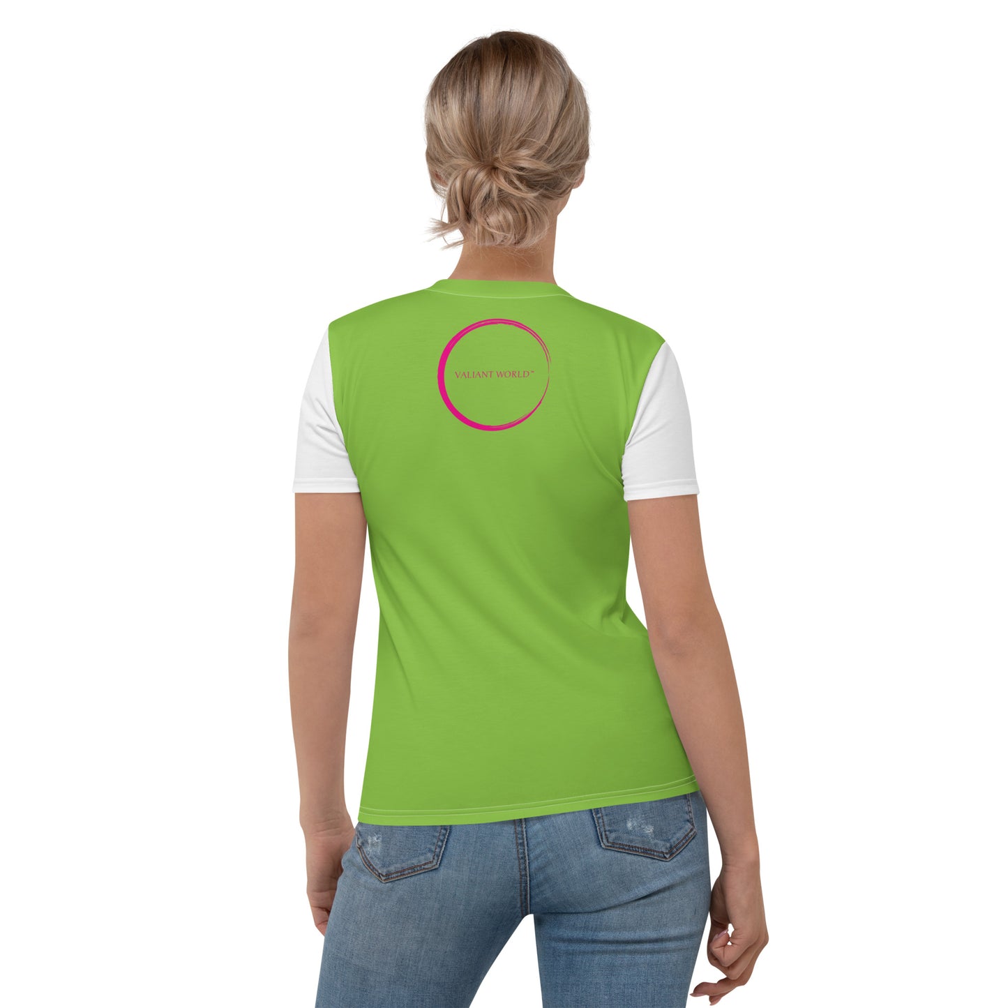 VALIANT WORLD Women's Full Graphic Crew Neck Tee (Grass Green/White Sleeves)