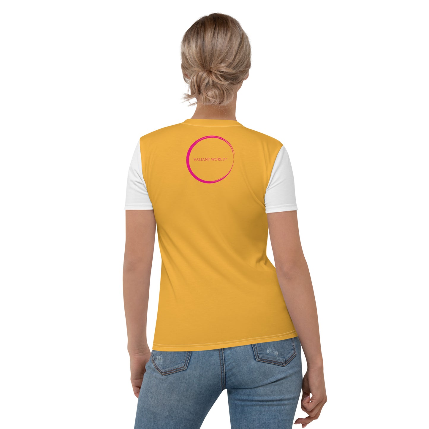 VALIANT WORLD Women's Full Graphic Crew Neck Tee (Bright Orange/White Sleeves)