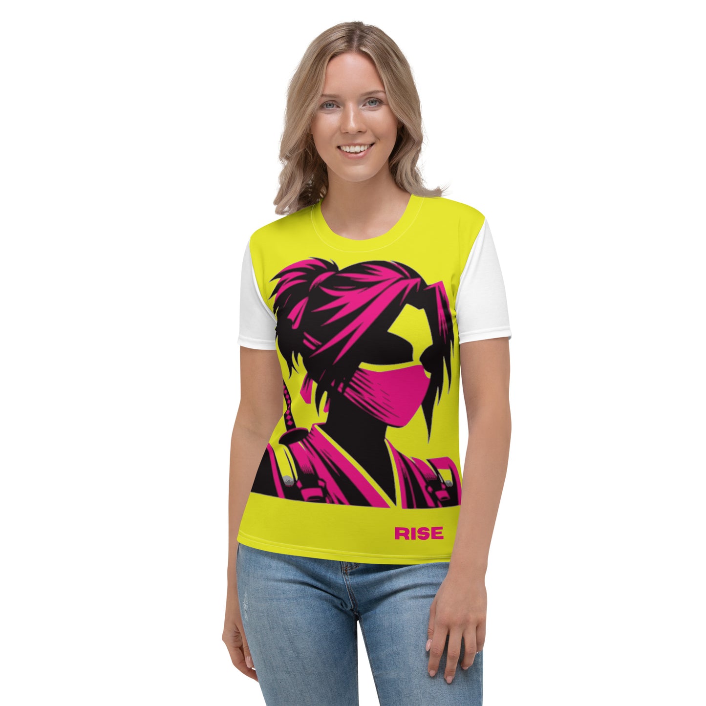 VALIANT WORLD Women's Full Graphic Crew Neck Tee (Chartreuse/White sleeves)