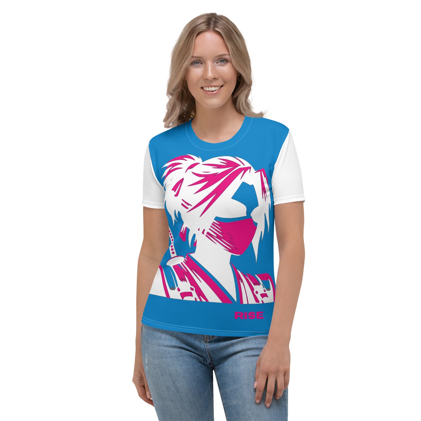 VALIANT WORLD Women's Full Graphic Crew Neck Tee (Bright Blue/White Sleeves)