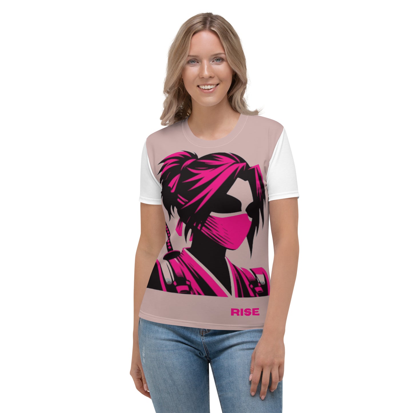 VALIANT WORLD Women's Full Graphic Crew Neck Tee (Dusty Rose/White Sleeves)