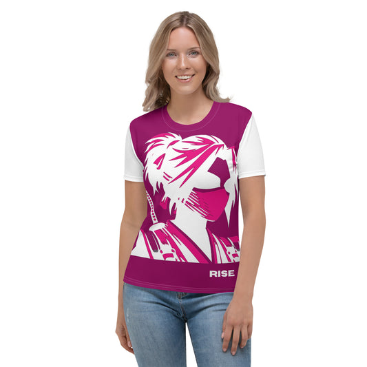 VALIANT WORLD Women's Full Graphic Crew Neck Tee (Purple/White Sleeves)